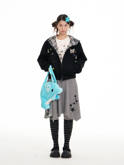 BETWEENAND Black Plaid Reversible Hooded Women&
