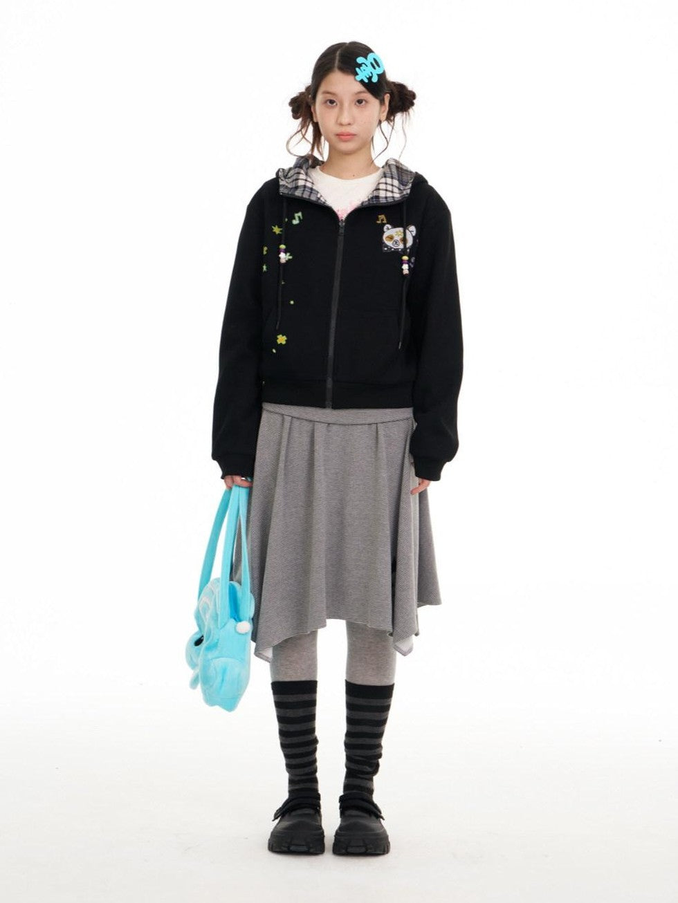 BETWEENAND Black Plaid Reversible Hooded Women&