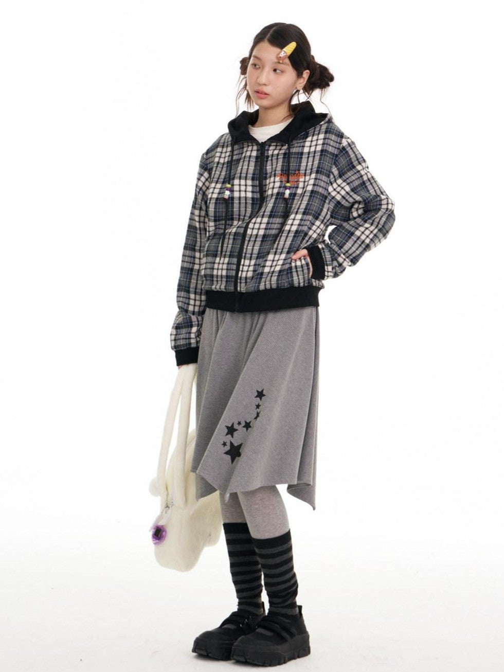 BETWEENAND Black Plaid Reversible Hooded Women&