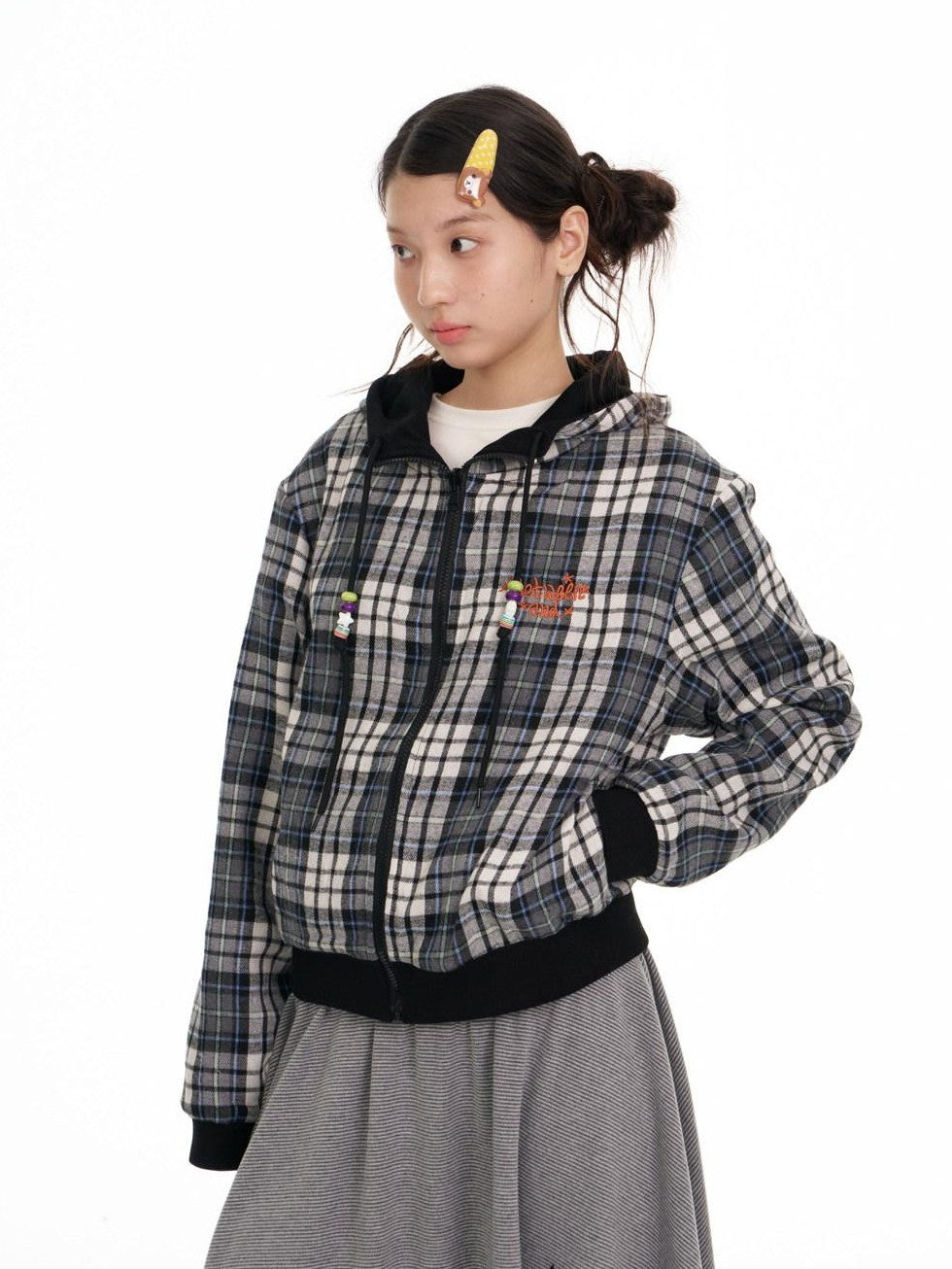 BETWEENAND Black Plaid Reversible Hooded Women&