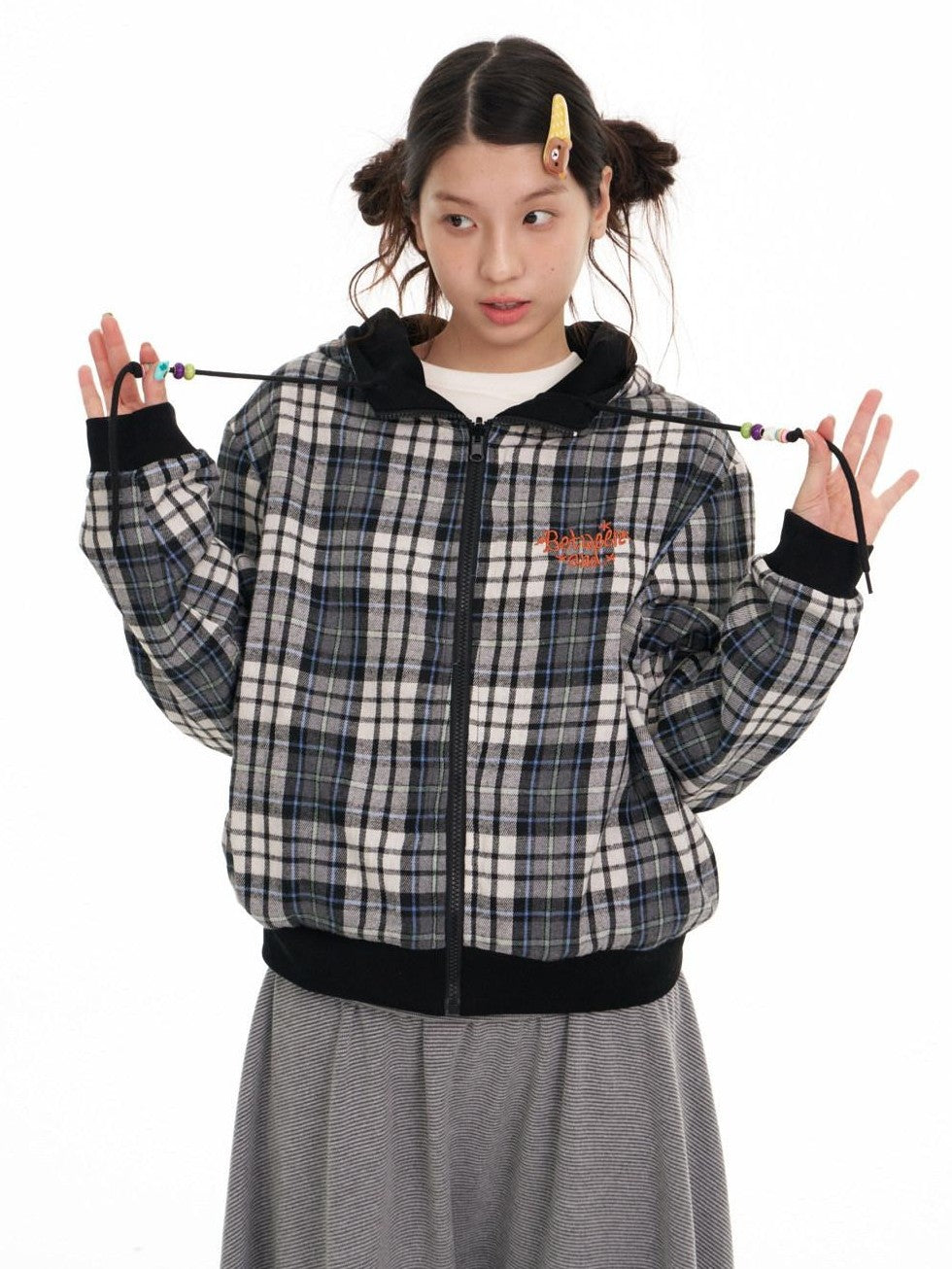 BETWEENAND Black Plaid Reversible Hooded Women&