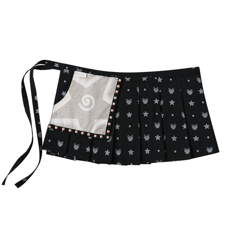 BETWEENAND_Black_Printed_Hotfix_Pleated_Tie_Hip_Panel_Women&