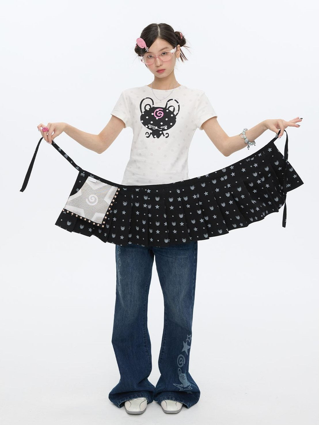 BETWEENAND Black Printed Hotfix Pleated Tie Hip Panel Women&