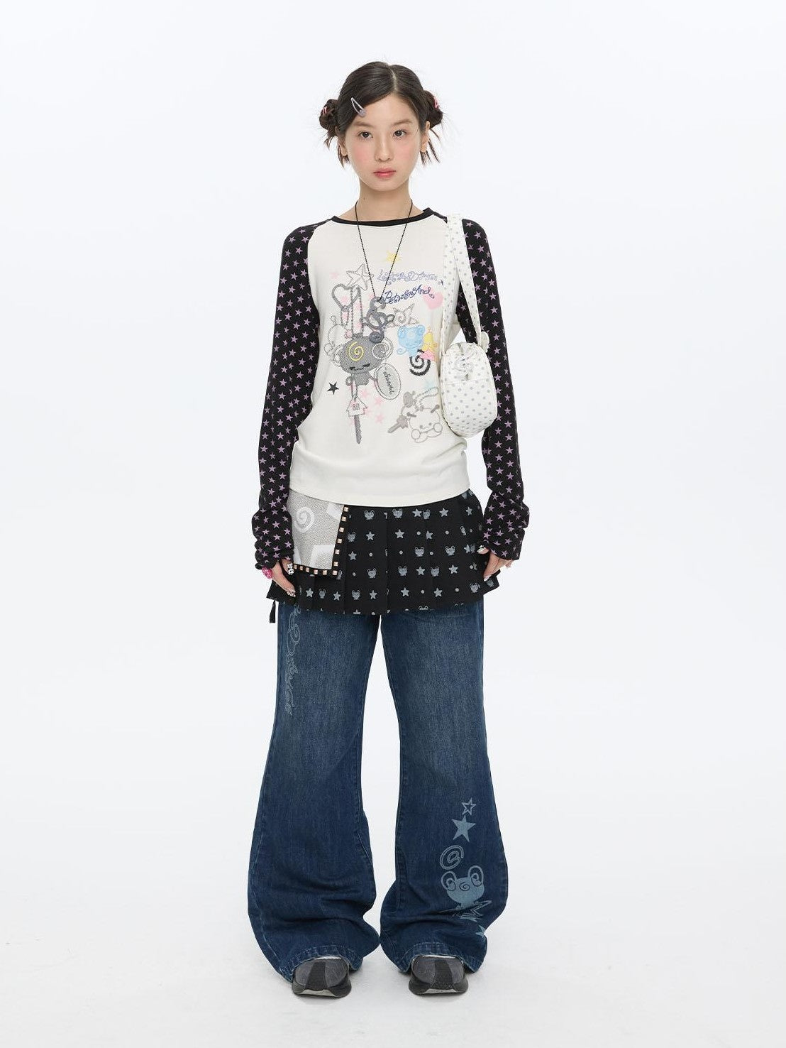 BETWEENAND Black Printed Hotfix Pleated Tie Hip Panel Women&