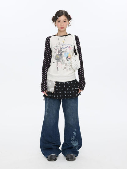 BETWEENAND Black Printed Hotfix Pleated Tie Hip Panel Women&