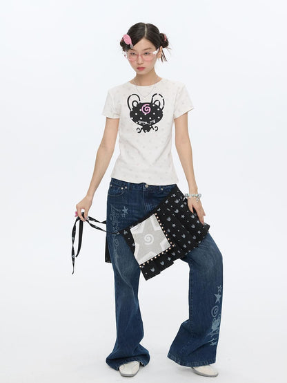 BETWEENAND Black Printed Hotfix Pleated Tie Hip Panel Women&