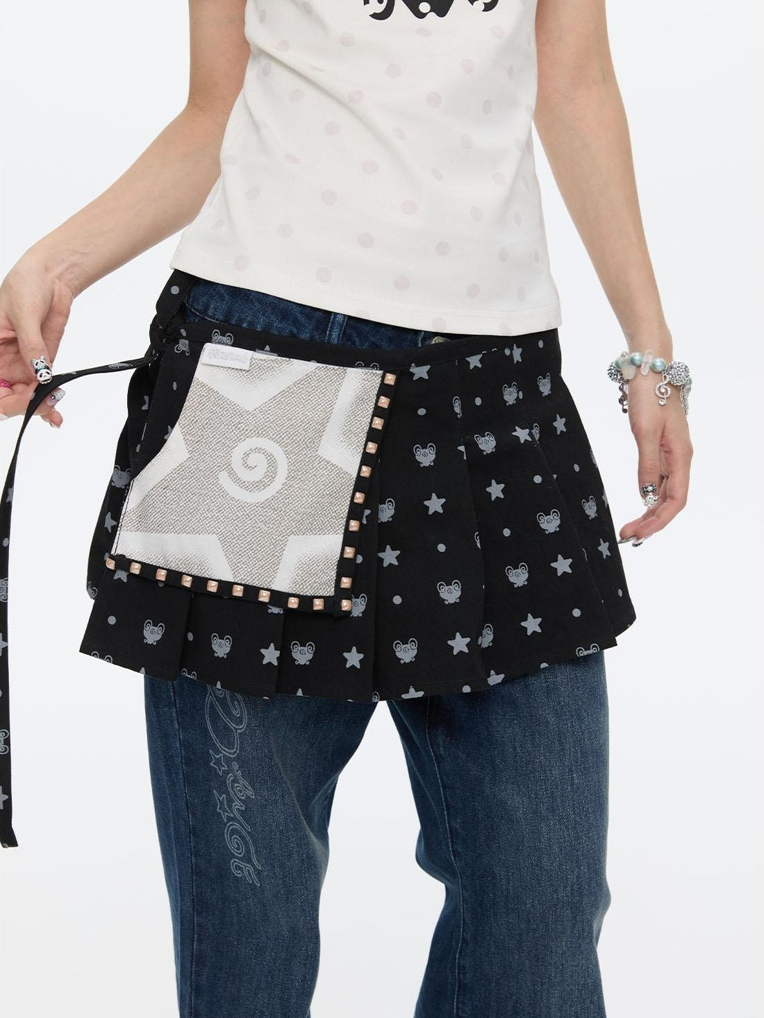 BETWEENAND Black Printed Hotfix Pleated Tie Hip Panel Women&