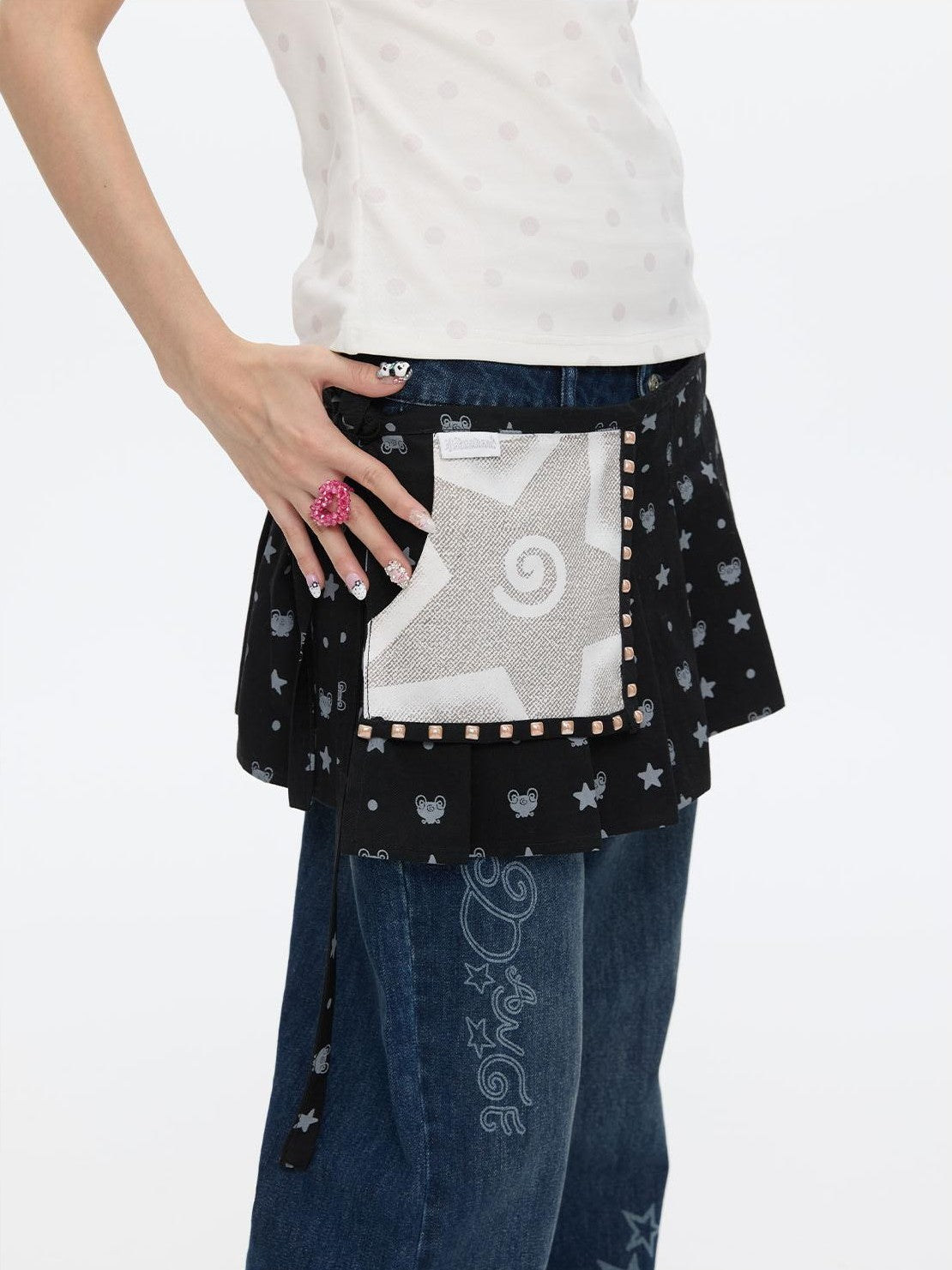 BETWEENAND Black Printed Hotfix Pleated Tie Hip Panel Women&