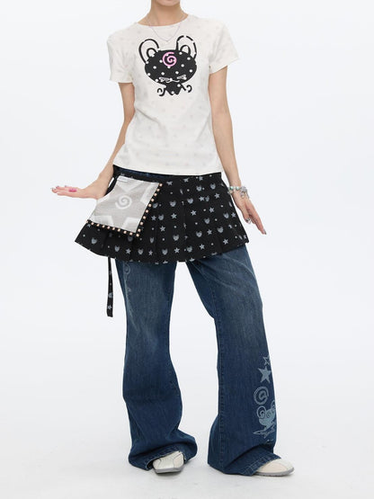 BETWEENAND Black Printed Hotfix Pleated Tie Hip Panel Women&