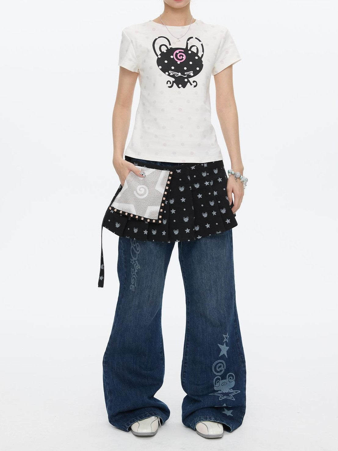 BETWEENAND Black Printed Hotfix Pleated Tie Hip Panel Women&