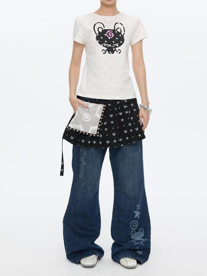 BETWEENAND Black Printed Hotfix Pleated Tie Hip Panel Women&