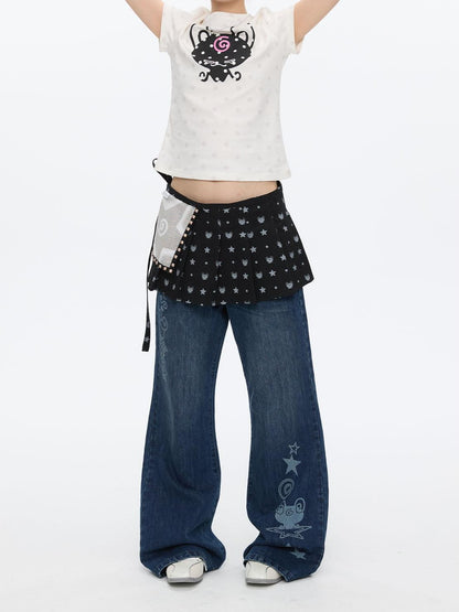 BETWEENAND Black Printed Hotfix Pleated Tie Hip Panel Women&