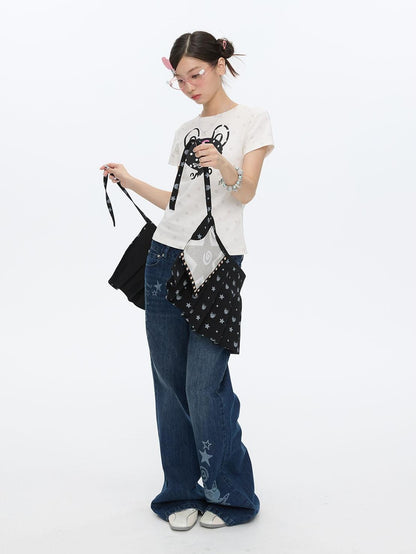 BETWEENAND Black Printed Hotfix Pleated Tie Hip Panel Women&