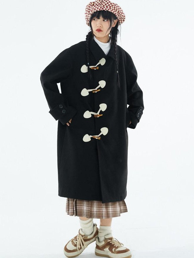 BETWEENAND Black Slanted Placket Peter Pan Collar Women&