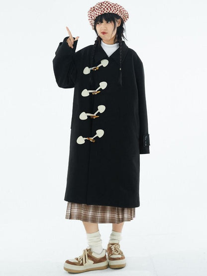 BETWEENAND Black Slanted Placket Peter Pan Collar Women&