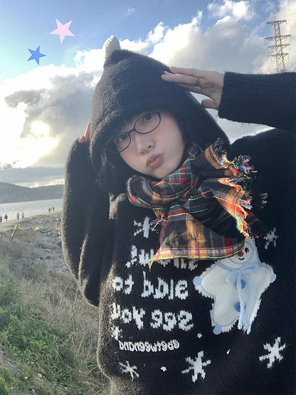 BETWEENAND Black Snowman Jacquard Embroidered Knit Women&