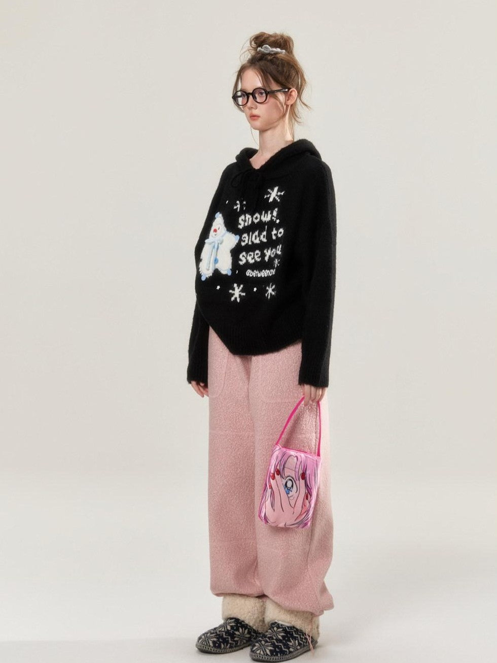 BETWEENAND Black Snowman Jacquard Embroidered Knit Women&