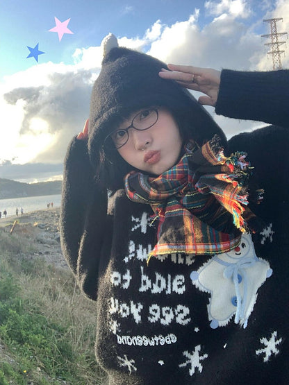 BETWEENAND Black Snowman Jacquard Embroidered Knit Women&