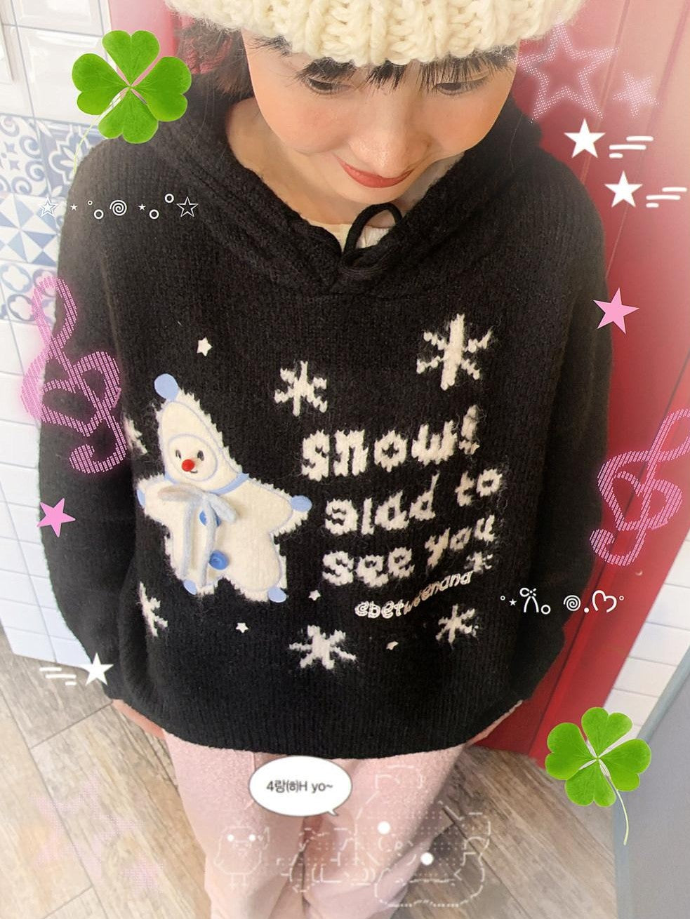 BETWEENAND Black Snowman Jacquard Embroidered Knit Women&