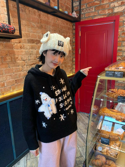 BETWEENAND Black Snowman Jacquard Embroidered Knit Women&