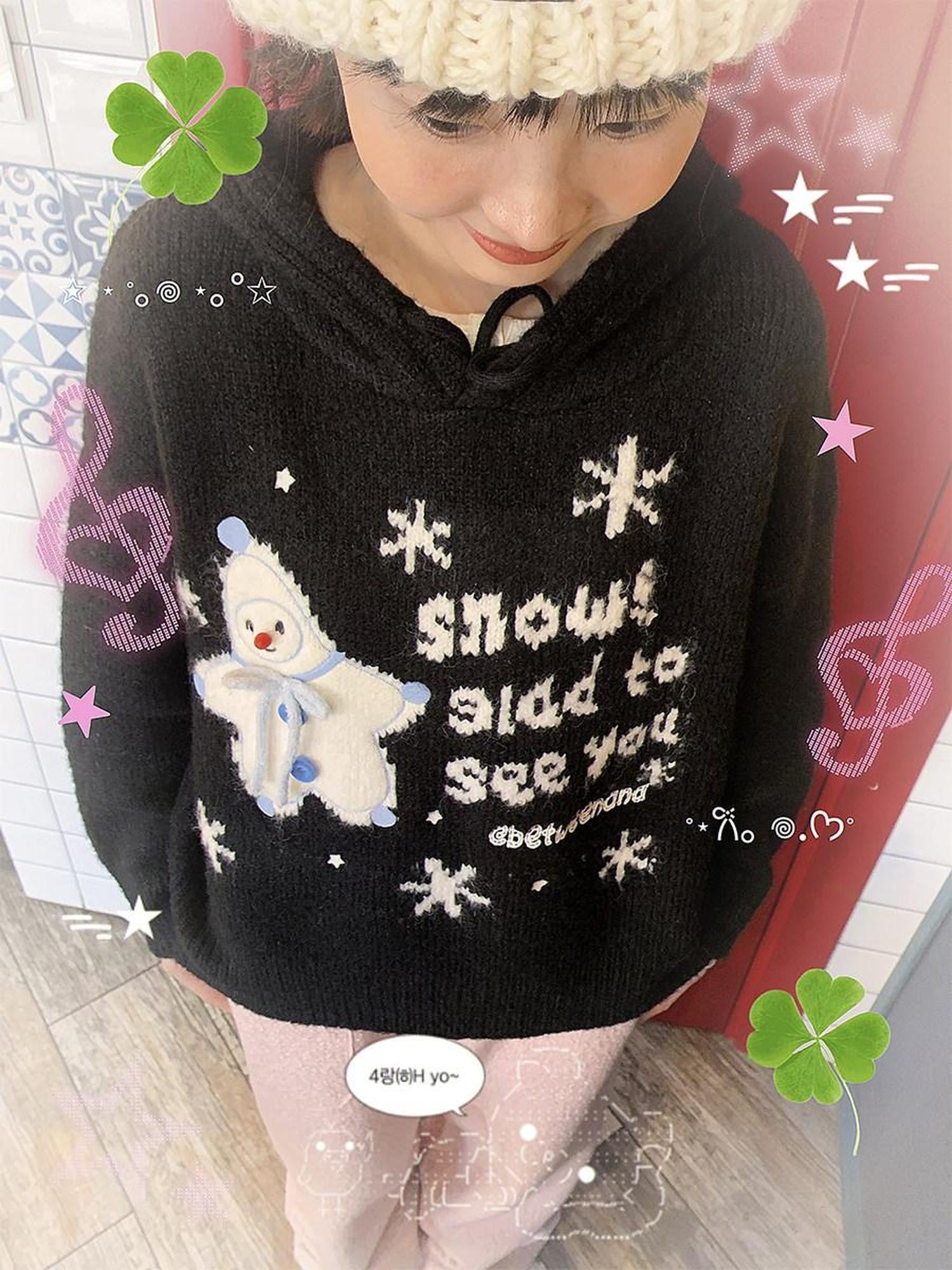 BETWEENAND Black Snowman Jacquard Embroidered Knit Women&