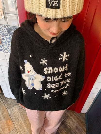 BETWEENAND Black Snowman Jacquard Embroidered Knit Women&