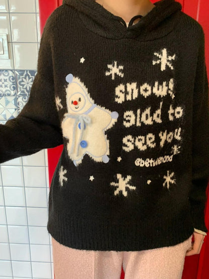 BETWEENAND Black Snowman Jacquard Embroidered Knit Women&