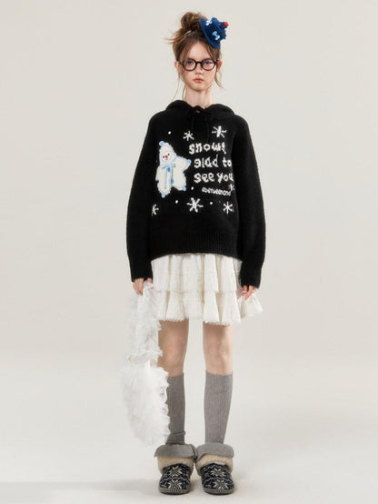 BETWEENAND Black Snowman Jacquard Embroidered Knit Women&