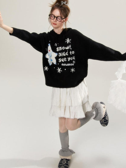 BETWEENAND Black Snowman Jacquard Embroidered Knit Women&