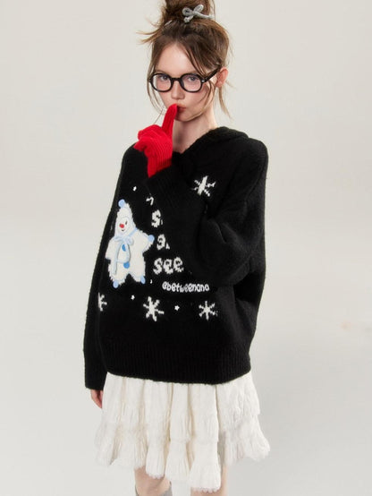 BETWEENAND Black Snowman Jacquard Embroidered Knit Women&