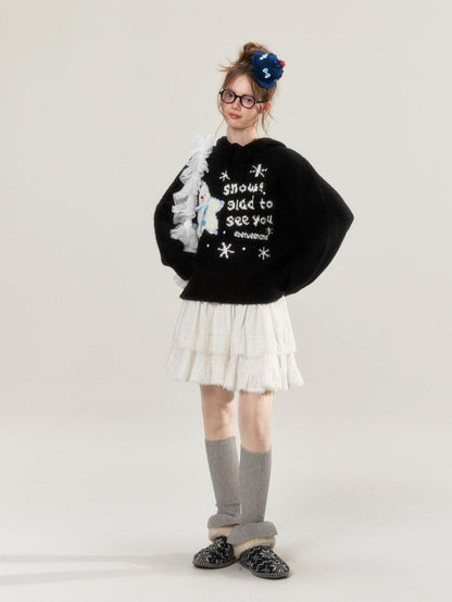 BETWEENAND Black Snowman Jacquard Embroidered Knit Women&