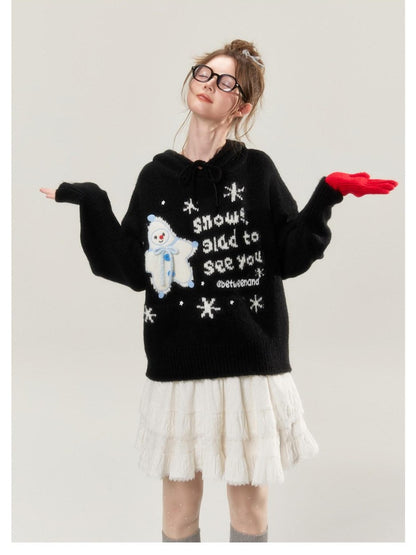 BETWEENAND Black Snowman Jacquard Embroidered Knit Women&