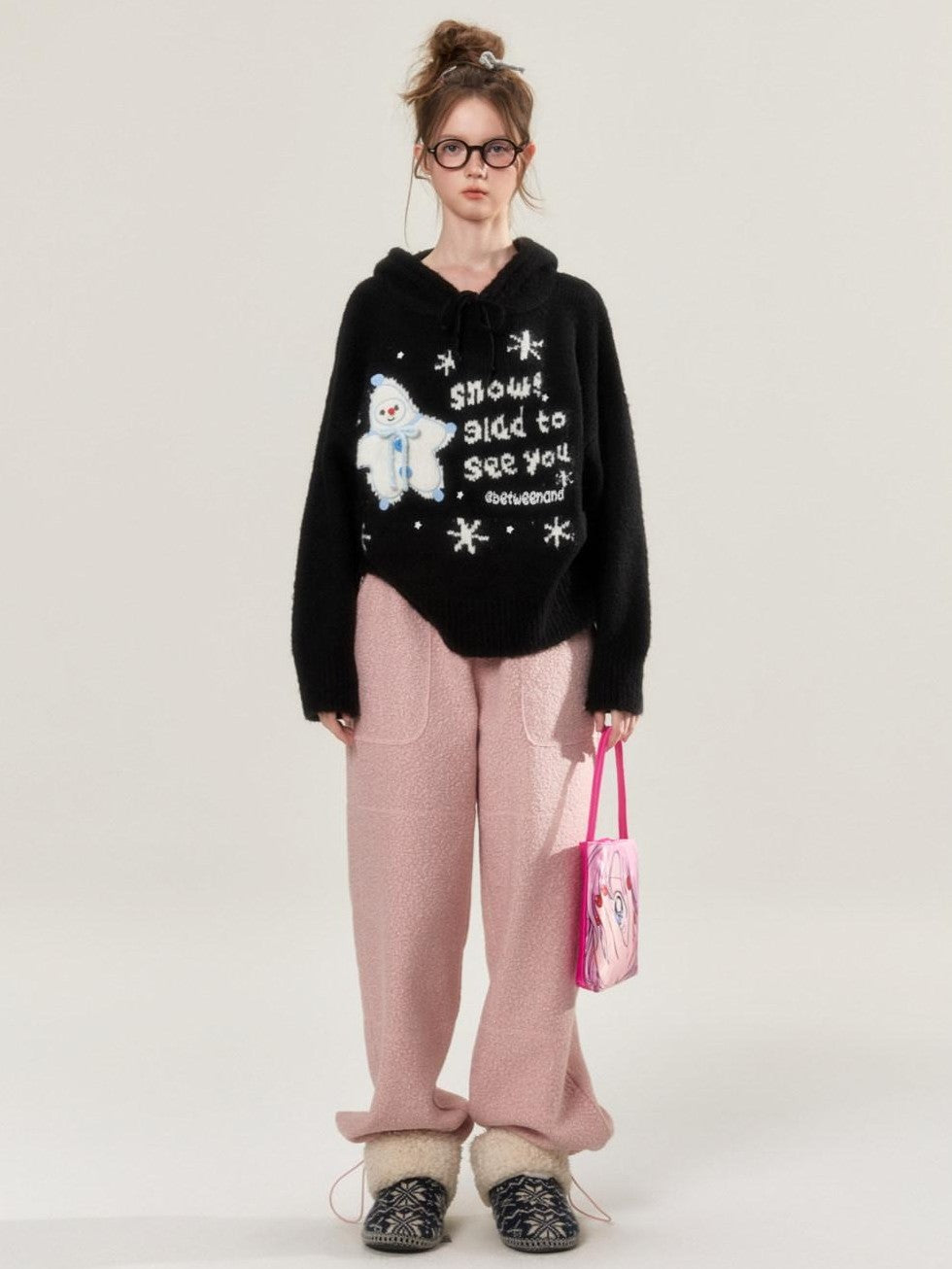 BETWEENAND Black Snowman Jacquard Embroidered Knit Women&