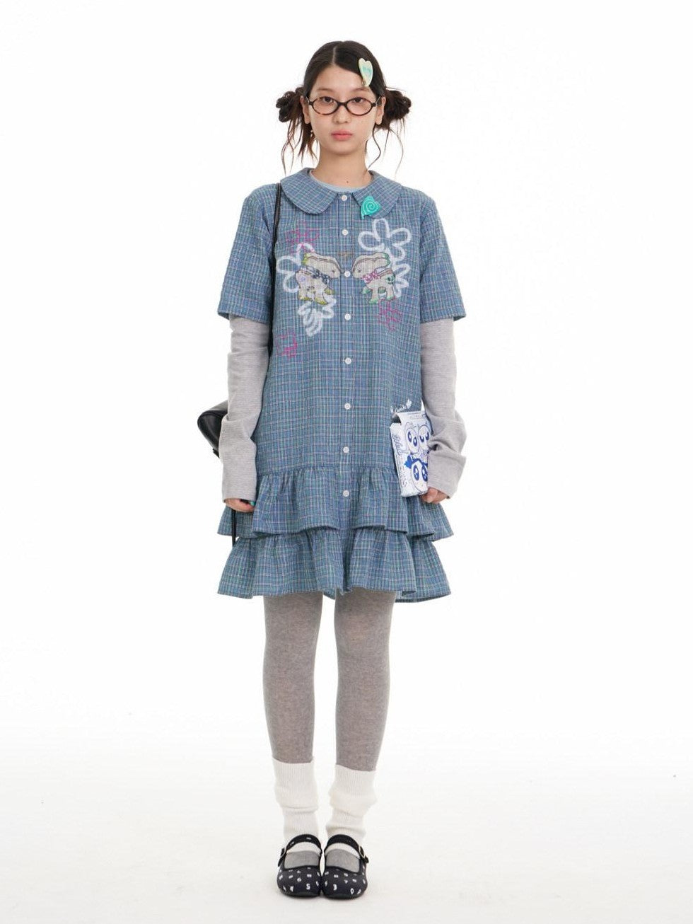 BETWEENAND Blue Deer Print Gingham Doll Collar Women&