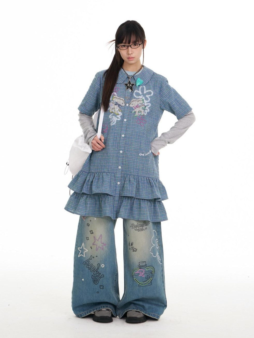 BETWEENAND Blue Deer Print Gingham Doll Collar Women&