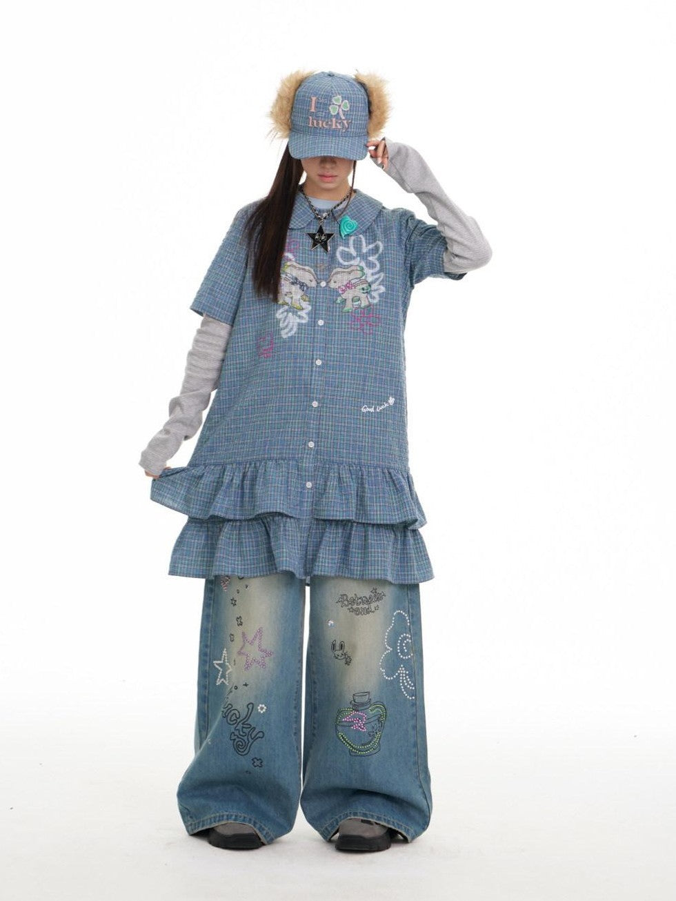 BETWEENAND Blue Deer Print Gingham Doll Collar Women&