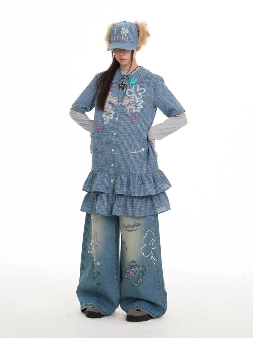 BETWEENAND Blue Deer Print Gingham Doll Collar Women&