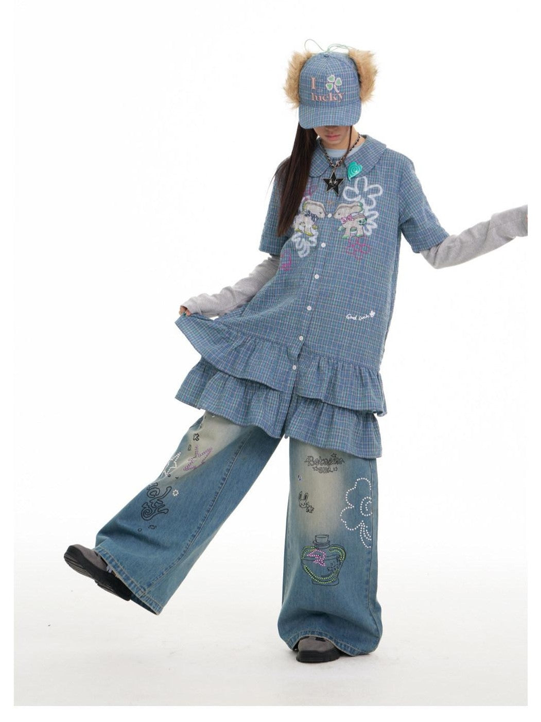 BETWEENAND Blue Deer Print Gingham Doll Collar Women&