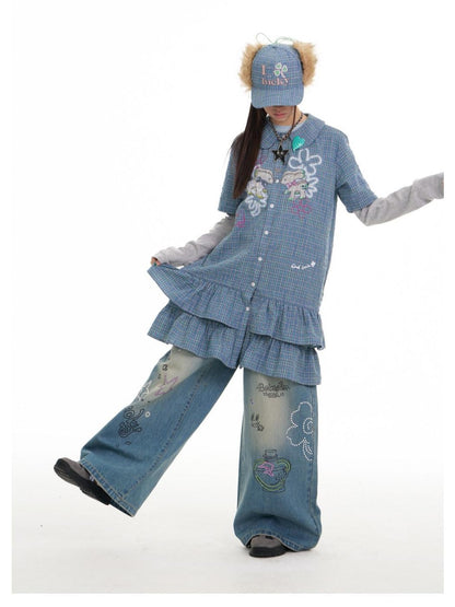 BETWEENAND Blue Deer Print Gingham Doll Collar Women&