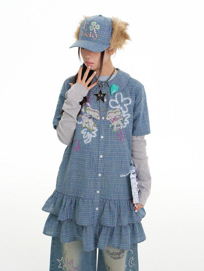 BETWEENAND Blue Deer Print Gingham Doll Collar Women&