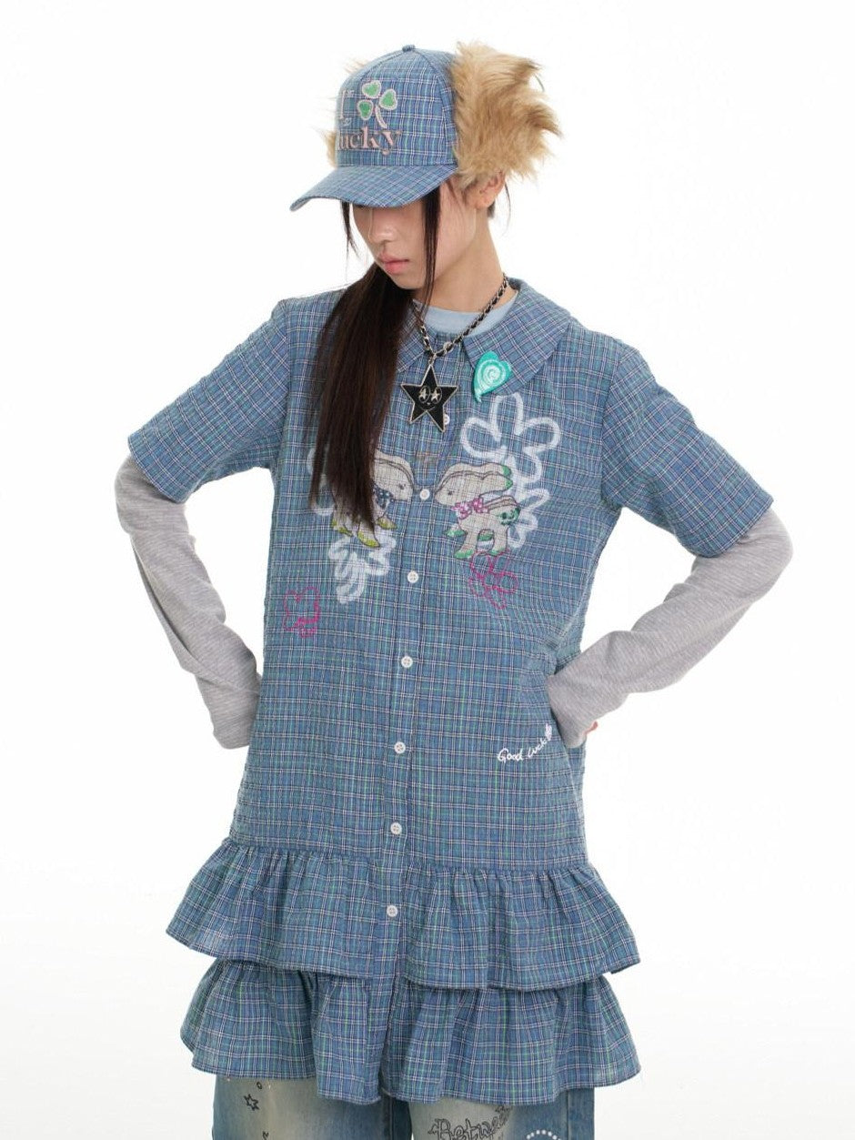 BETWEENAND Blue Deer Print Gingham Doll Collar Women&