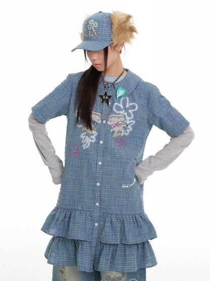 BETWEENAND Blue Deer Print Gingham Doll Collar Women&