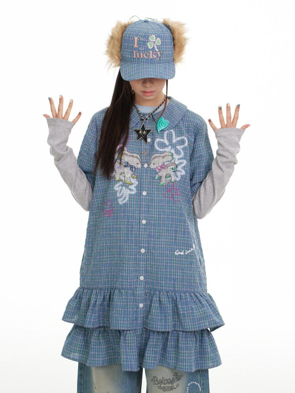 BETWEENAND Blue Deer Print Gingham Doll Collar Women&