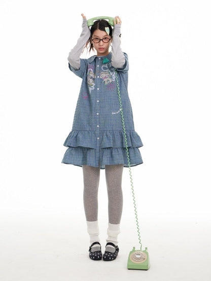 BETWEENAND Blue Deer Print Gingham Doll Collar Women&