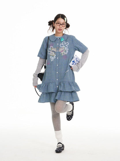 BETWEENAND Blue Deer Print Gingham Doll Collar Women&