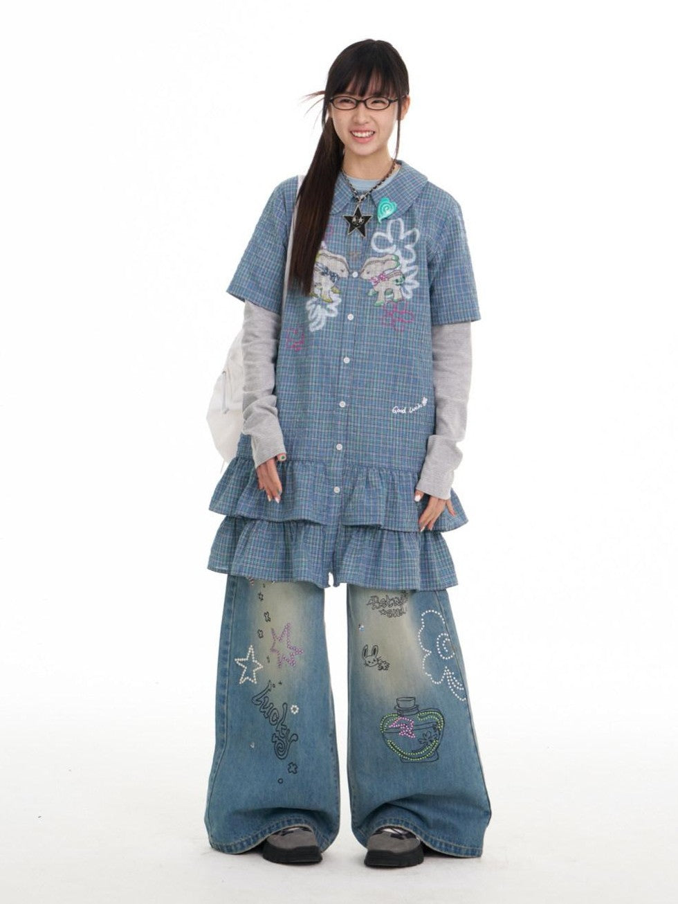 BETWEENAND Blue Deer Print Gingham Doll Collar Women&