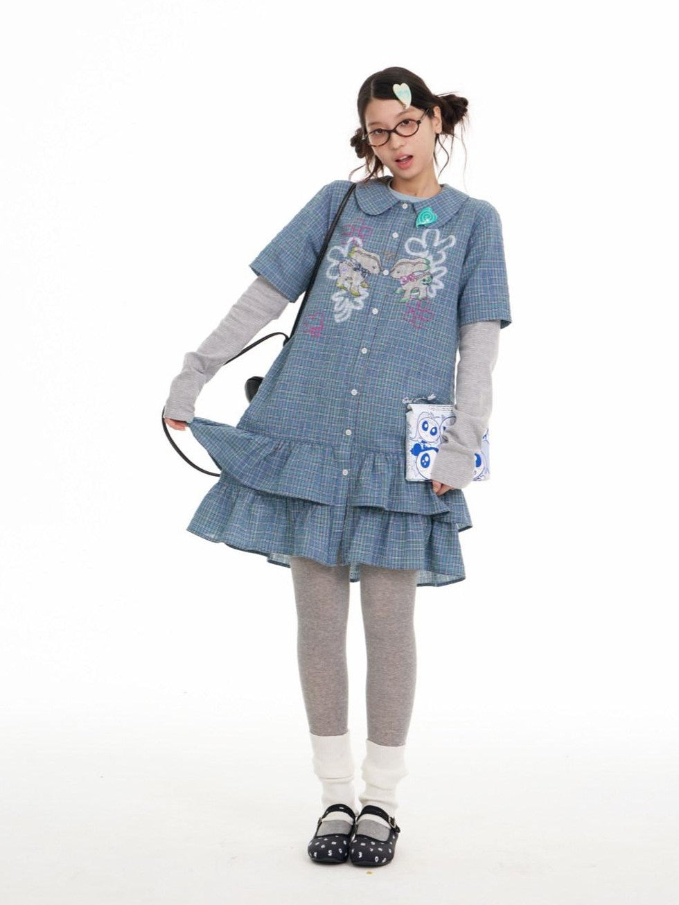 BETWEENAND Blue Deer Print Gingham Doll Collar Women&
