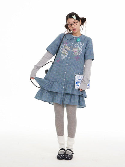 BETWEENAND Blue Deer Print Gingham Doll Collar Women&