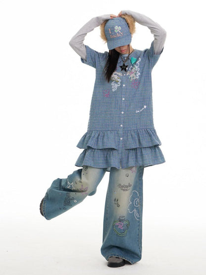 BETWEENAND Blue Deer Print Gingham Doll Collar Women&