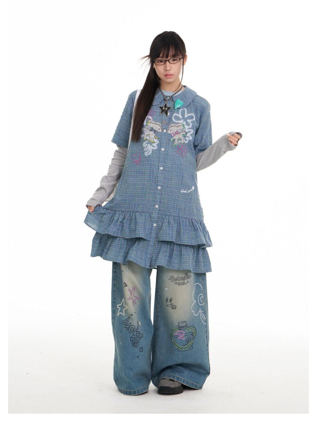 BETWEENAND Blue Deer Print Gingham Doll Collar Women&